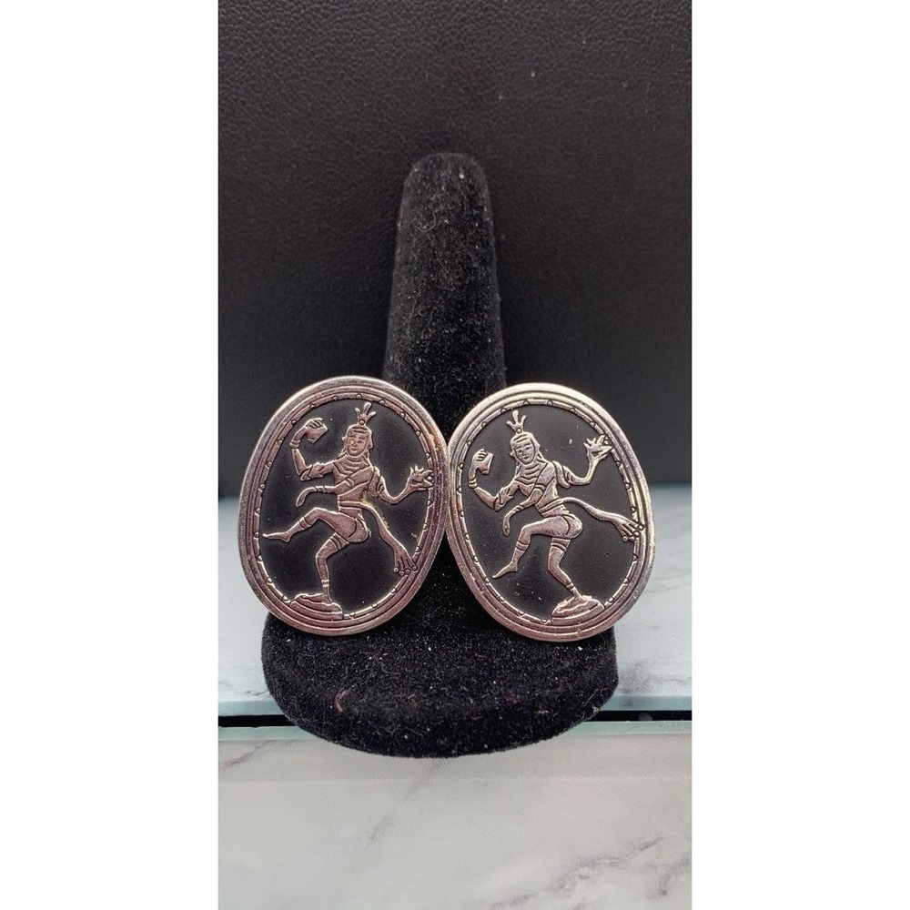 Vintage Swank Siam Thailand Dancer Cufflinks Silver Tone Black Enamel - Picture 3 of 4